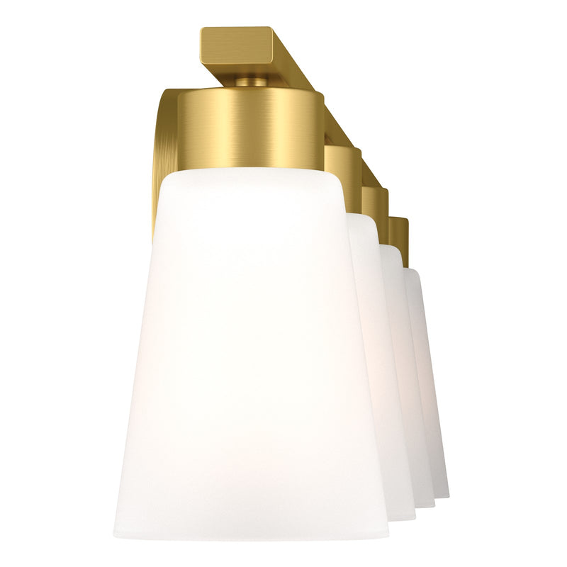 Kichler Stamos 31.25in 4-Light Vanity Light | Modern Brushed Gold Steel and Clear Satin Etched Glass | Bathroom Vanity | 31.25 x 8.25 in | Model 55122BG
