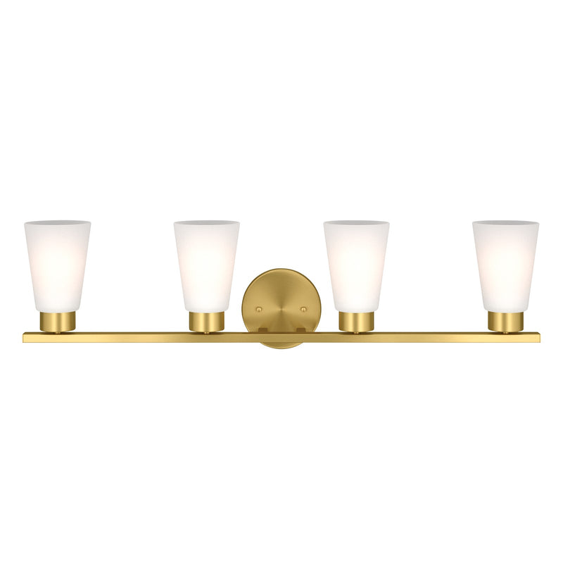 Kichler Stamos 31.25in 4-Light Vanity Light | Modern Brushed Gold Steel and Clear Satin Etched Glass | Bathroom Vanity | 31.25 x 8.25 in | Model 55122BG