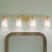Kichler Stamos 31.25in 4-Light Vanity Light | Modern Brushed Gold Steel and Clear Satin Etched Glass | Bathroom Vanity | 31.25 x 8.25 in | Model 55122BG