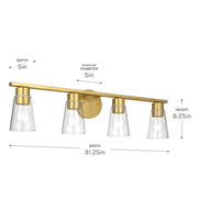 Kichler Stamos 31.25in 4-Light Vanity Light | Modern Brushed Gold Steel and Clear Satin Etched Glass | Bathroom Vanity | 31.25 x 8.25 in | Model 55122BGCLR