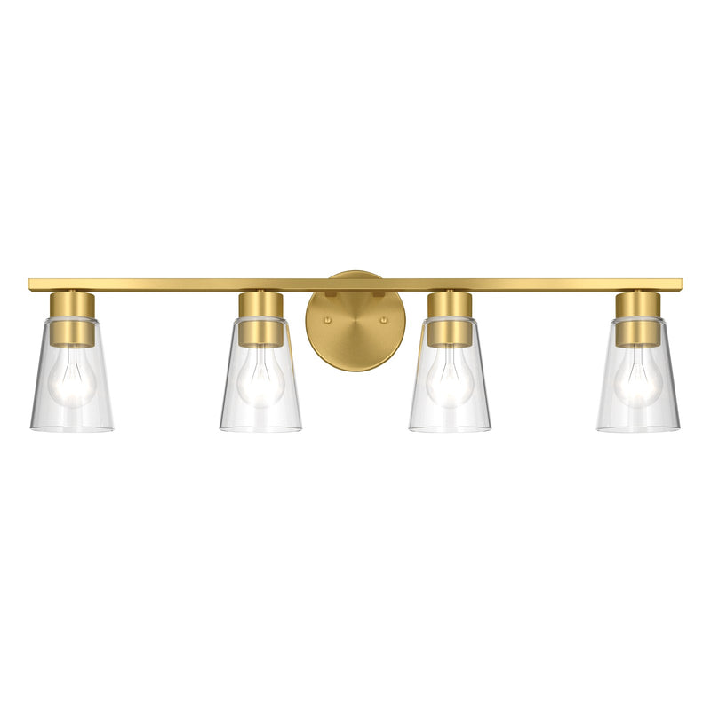 Kichler Stamos 31.25in 4-Light Vanity Light | Modern Brushed Gold Steel and Clear Satin Etched Glass | Bathroom Vanity | 31.25 x 8.25 in | Model 55122BGCLR