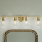 Kichler Stamos 31.25in 4-Light Vanity Light | Modern Brushed Gold Steel and Clear Satin Etched Glass | Bathroom Vanity | 31.25 x 8.25 in | Model 55122BGCLR
