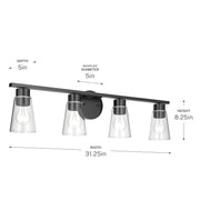 Kichler Stamos 31.25in 4-Light Vanity Light | Modern Black Steel and Clear Satin Etched Glass | Bathroom Vanity | 31.25 x 8.25 in | Model 55122BKCLR