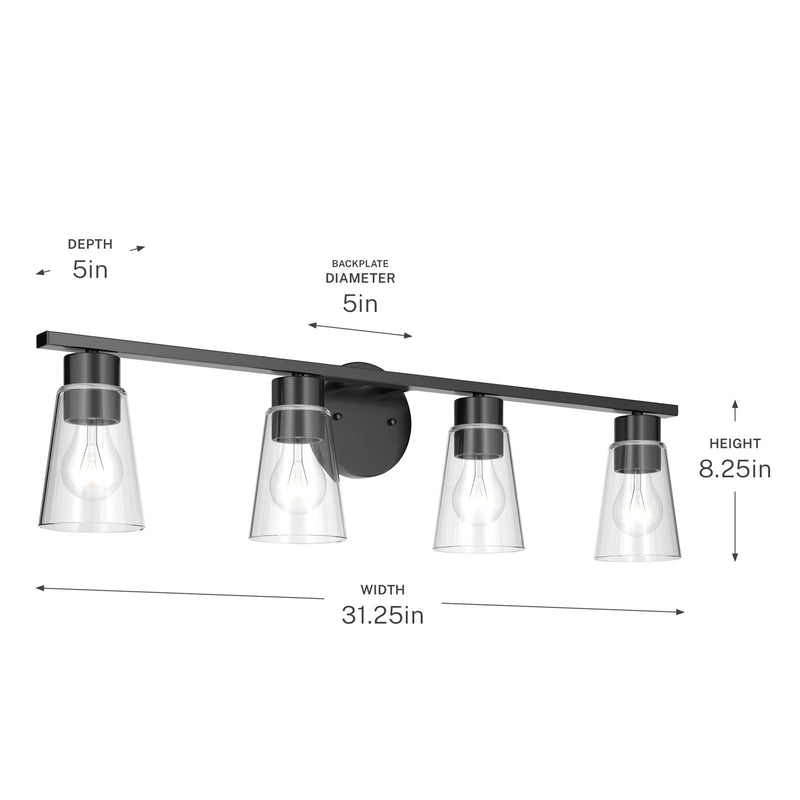 Kichler Stamos 31.25in 4-Light Vanity Light | Modern Black Steel and Clear Satin Etched Glass | Bathroom Vanity | 31.25 x 8.25 in | Model 55122BKCLR