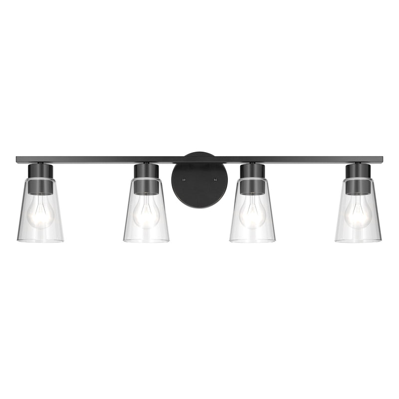 Kichler Stamos 31.25in 4-Light Vanity Light | Modern Black Steel and Clear Satin Etched Glass | Bathroom Vanity | 31.25 x 8.25 in | Model 55122BKCLR