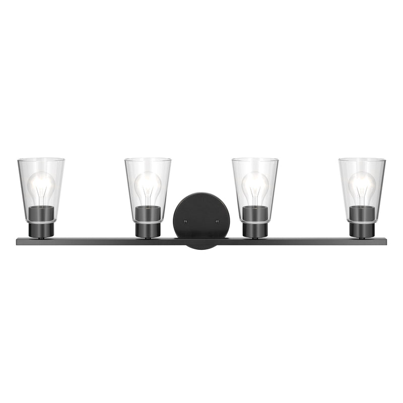 Kichler Stamos 31.25in 4-Light Vanity Light | Modern Black Steel and Clear Satin Etched Glass | Bathroom Vanity | 31.25 x 8.25 in | Model 55122BKCLR