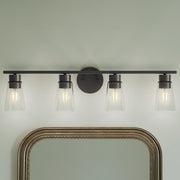 Kichler Stamos 31.25in 4-Light Vanity Light | Modern Black Steel and Clear Satin Etched Glass | Bathroom Vanity | 31.25 x 8.25 in | Model 55122BKCLR