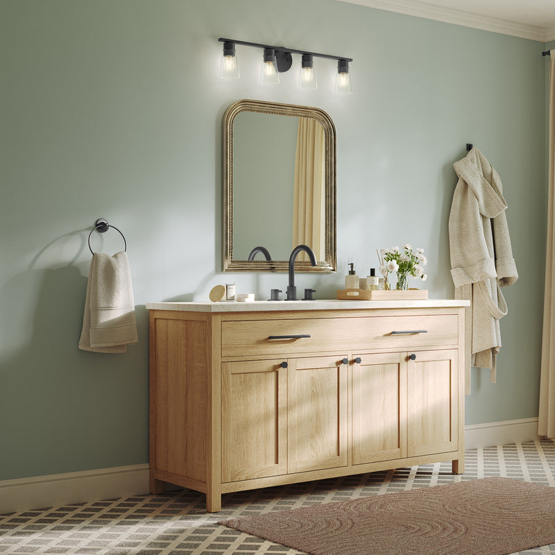 Kichler Stamos 31.25in 4-Light Vanity Light | Modern Black Steel and Clear Satin Etched Glass | Bathroom Vanity | 31.25 x 8.25 in | Model 55122BKCLR