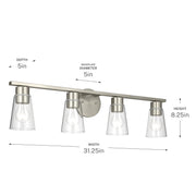 Kichler Stamos 31.25in 4-Light Vanity Light | Modern Brushed Nickel Steel and Clear Satin Etched Glass | Bathroom Vanity | 31.25 x 8.25 in | Model 55122NICLR