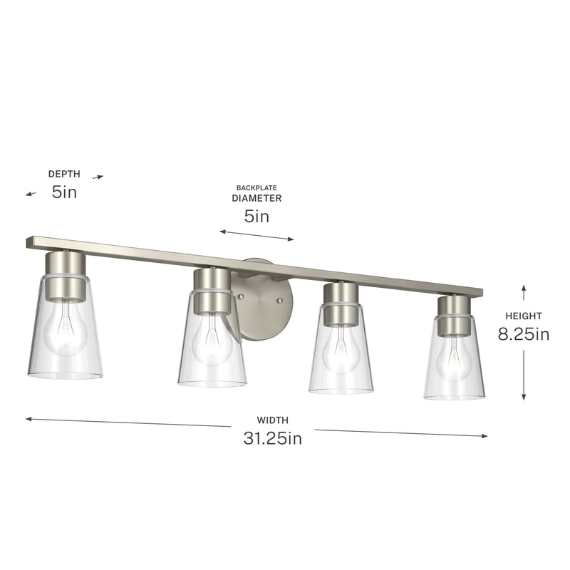 Kichler Stamos 31.25in 4-Light Vanity Light | Modern Brushed Nickel Steel and Clear Satin Etched Glass | Bathroom Vanity | 31.25 x 8.25 in | Model 55122NICLR