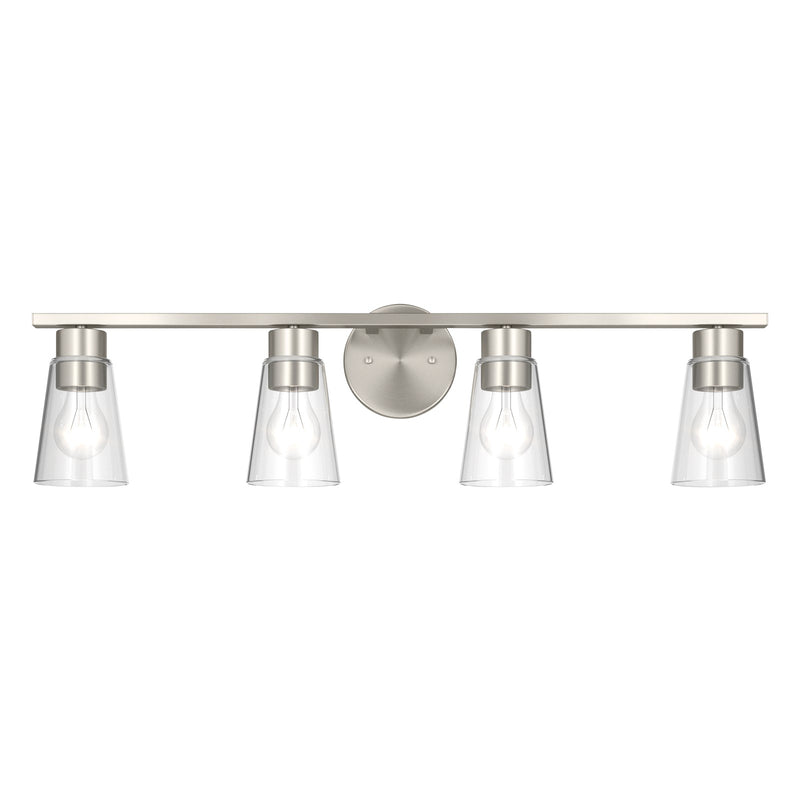 Kichler Stamos 31.25in 4-Light Vanity Light | Modern Brushed Nickel Steel and Clear Satin Etched Glass | Bathroom Vanity | 31.25 x 8.25 in | Model 55122NICLR
