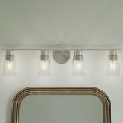 Kichler Stamos 31.25in 4-Light Vanity Light | Modern Brushed Nickel Steel and Clear Satin Etched Glass | Bathroom Vanity | 31.25 x 8.25 in | Model 55122NICLR