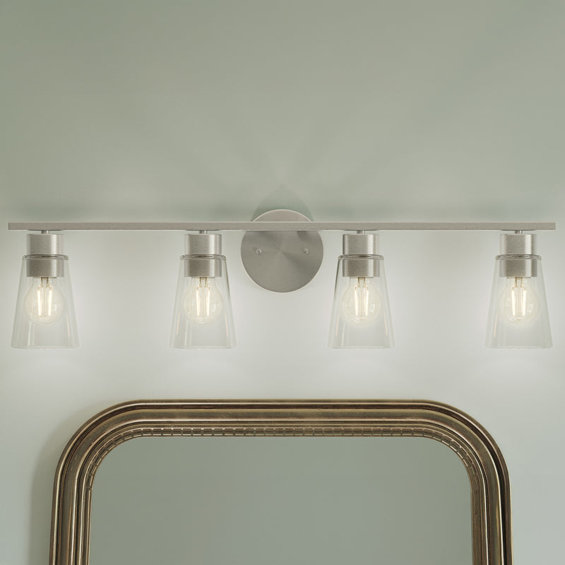 Kichler Stamos 31.25in 4-Light Vanity Light | Modern Brushed Nickel Steel and Clear Satin Etched Glass | Bathroom Vanity | 31.25 x 8.25 in | Model 55122NICLR
