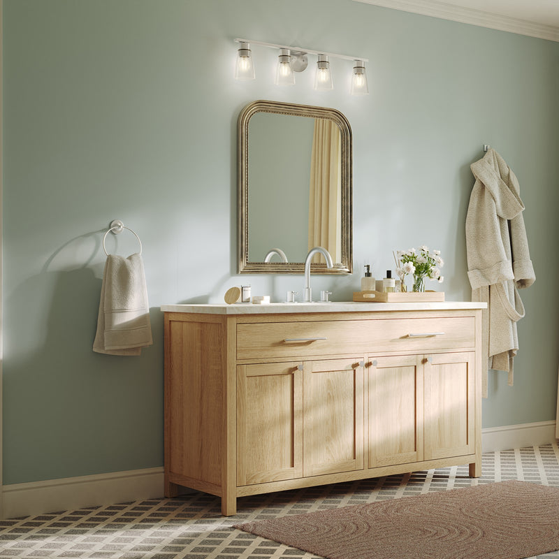 Kichler Stamos 31.25in 4-Light Vanity Light | Modern Brushed Nickel Steel and Clear Satin Etched Glass | Bathroom Vanity | 31.25 x 8.25 in | Model 55122NICLR