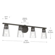 Kichler Stamos 31.25in 4-Light Vanity Light | Modern Olde Bronze Steel and Clear Satin Etched Glass | Bathroom Vanity | 31.25 x 8.25 in | Model 55122OZCLR