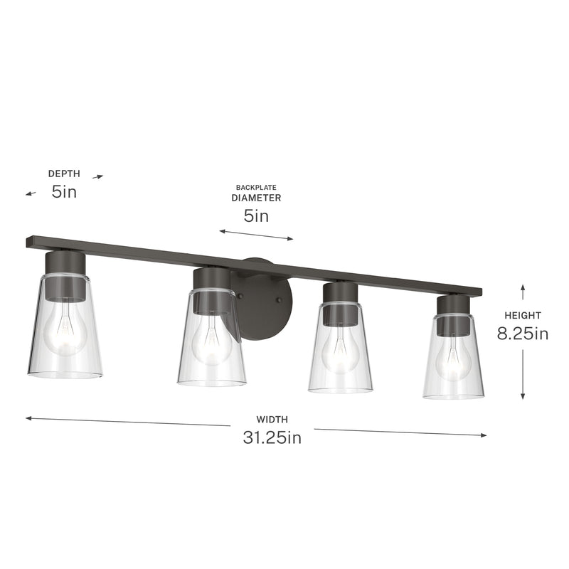 Kichler Stamos 31.25in 4-Light Vanity Light | Modern Olde Bronze Steel and Clear Satin Etched Glass | Bathroom Vanity | 31.25 x 8.25 in | Model 55122OZCLR