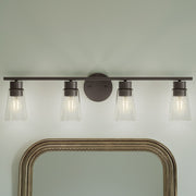 Kichler Stamos 31.25in 4-Light Vanity Light | Modern Olde Bronze Steel and Clear Satin Etched Glass | Bathroom Vanity | 31.25 x 8.25 in | Model 55122OZCLR