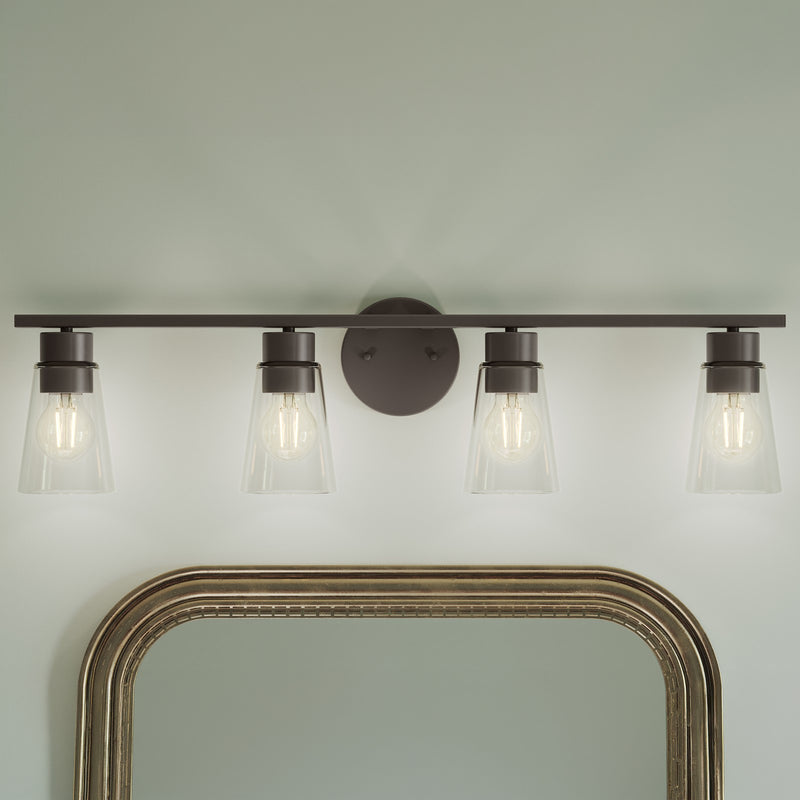 Kichler Stamos 31.25in 4-Light Vanity Light | Modern Olde Bronze Steel and Clear Satin Etched Glass | Bathroom Vanity | 31.25 x 8.25 in | Model 55122OZCLR