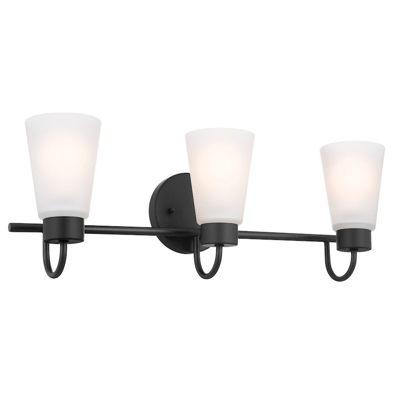 Kichler Erma 23in 3-Light Vanity Light | Black Steel & Glass | Bathroom & Powder Room Vanity Light | 180W Max, Incandescent, Damp Rated | Model 55126BK