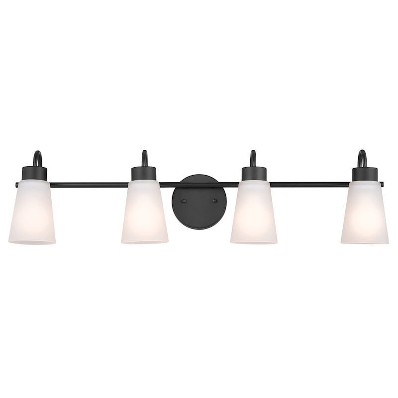 Kichler Erma 4-Light 32.5in Vanity Light | Industrial Black Steel & Clear Satin Etched Glass | Bathroom & Powder Room Vanity Light | Model 55127BK