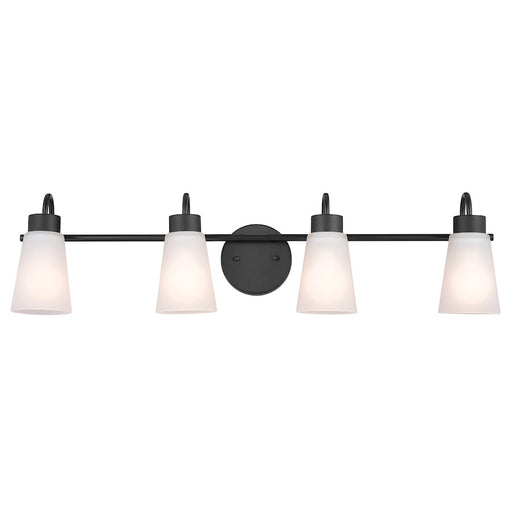 Kichler Erma 4-Light 32.5in Vanity Light | Industrial Black Steel & Clear Satin Etched Glass | Bathroom & Powder Room Vanity Light | Model 55127BK