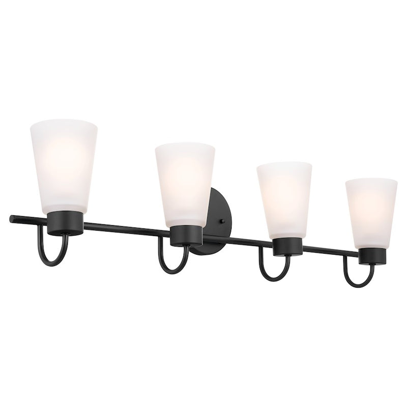 Kichler Erma 4-Light 32.5in Vanity Light | Industrial Black Steel & Clear Satin Etched Glass | Bathroom & Powder Room Vanity Light | Model 55127BK