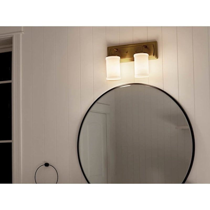 Kichler Vetivene 15in 2-Light Vanity Light | Natural Brass Steel and Opal Glass | Bathroom & Powder Room | 15.25 x 10.25 in | Model 55130NBR