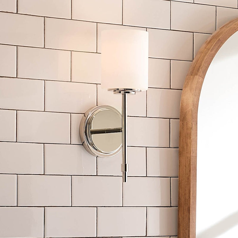 Kichler Ali 1-Light Wall Sconce | Updated Traditional Polished Nickel and Satin Etched Cased Opal Glass | Bathroom & Hallway | Model 55140PN