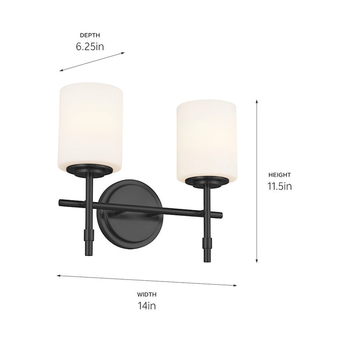 Kichler Ali 14in 2-Light Vanity Light | Black Steel & Satin Etched Opal Glass | Bathroom & Powder Room Light | Damp Rated, Dimmable | Model 55141BK