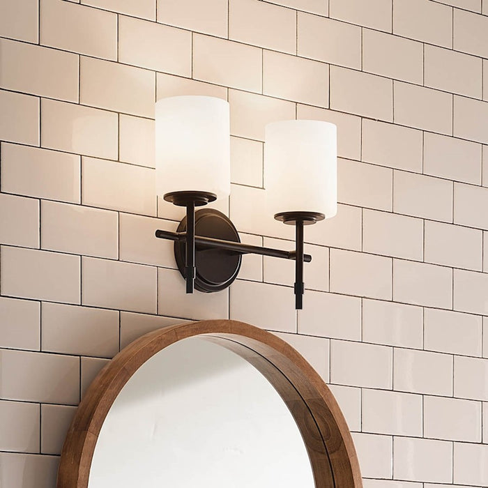 Kichler Ali 14in 2-Light Vanity Light | Black Steel & Satin Etched Opal Glass | Bathroom & Powder Room Light | Damp Rated, Dimmable | Model 55141BK