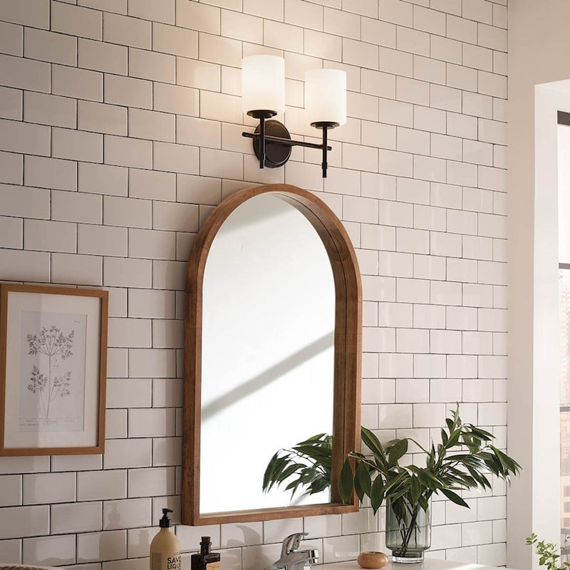 Kichler Ali 14in 2-Light Bath Vanity | Updated Traditional Polished Nickel and Satin Etched Opal Glass | Bathroom Vanity | Model 55141PN