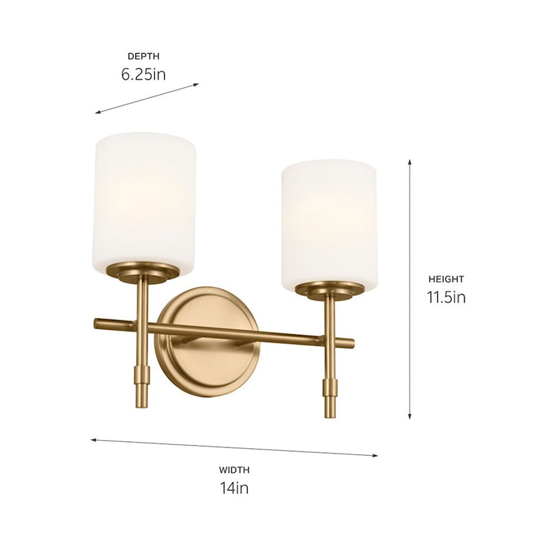 Kichler Ali 14in 2-Light Bath Vanity | Updated Traditional Polished Nickel and Satin Etched Opal Glass | Bathroom Vanity | Model 55141PN
