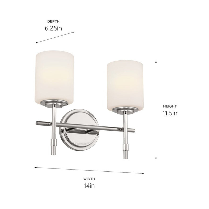 Kichler Ali 14in 2-Light Bath Vanity | Updated Traditional Polished Nickel and Satin Etched Opal Glass | Bathroom Vanity | Model 55141PN