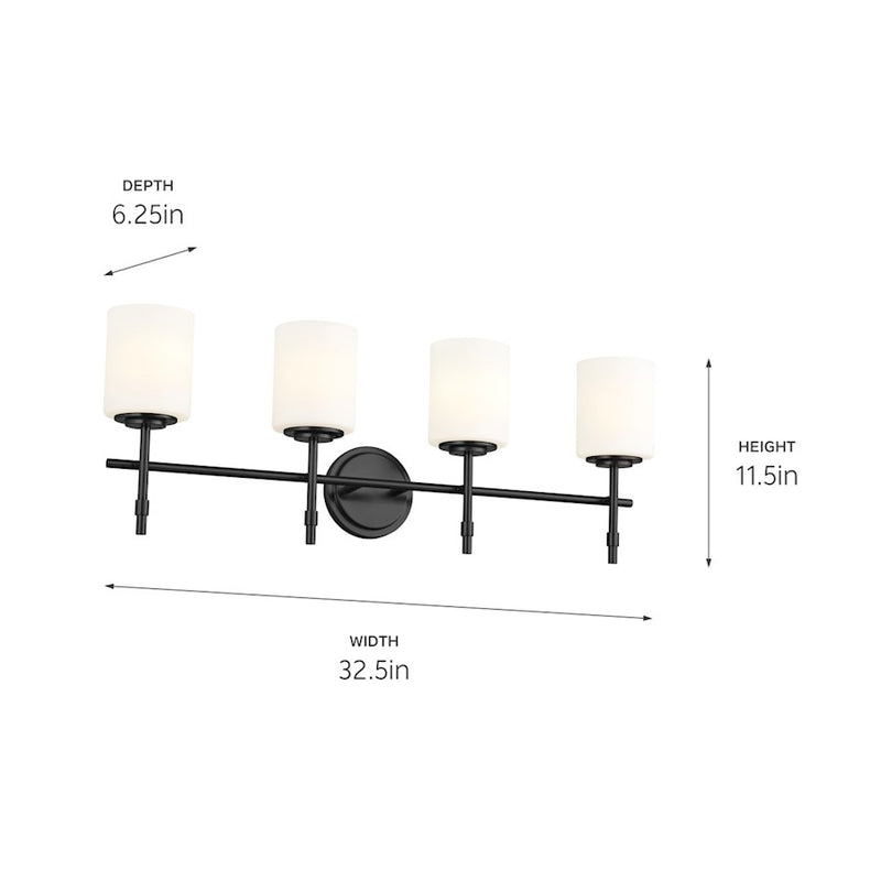 Kichler Ali 32.5in 4-Light Bath Vanity | Traditional Black Steel | Satin Etched Cased Opal Glass | Bathroom Lighting | 4 x 75W Incandescent | Model 55143BK