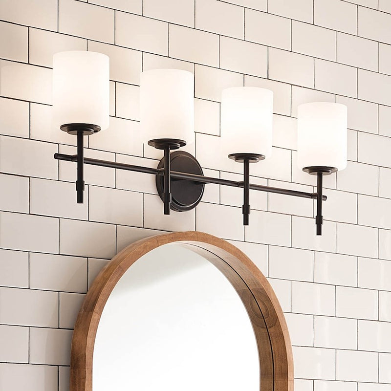 Kichler Ali 32.5in 4-Light Bath Vanity | Traditional Black Steel | Satin Etched Cased Opal Glass | Bathroom Lighting | 4 x 75W Incandescent | Model 55143BK