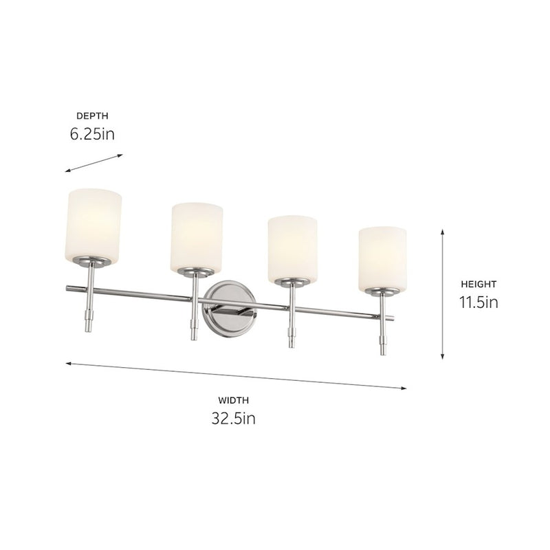 Kichler Ali 32in 4-Light Bath Vanity | Updated Traditional Polished Nickel and Etched Cased Opal Glass | Bathroom Vanity Light | Model 55143PN