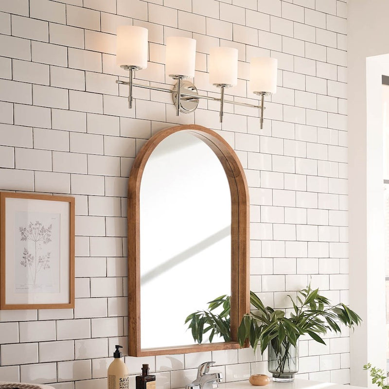 Kichler Ali 32in 4-Light Bath Vanity | Updated Traditional Polished Nickel and Etched Cased Opal Glass | Bathroom Vanity Light | Model 55143PN
