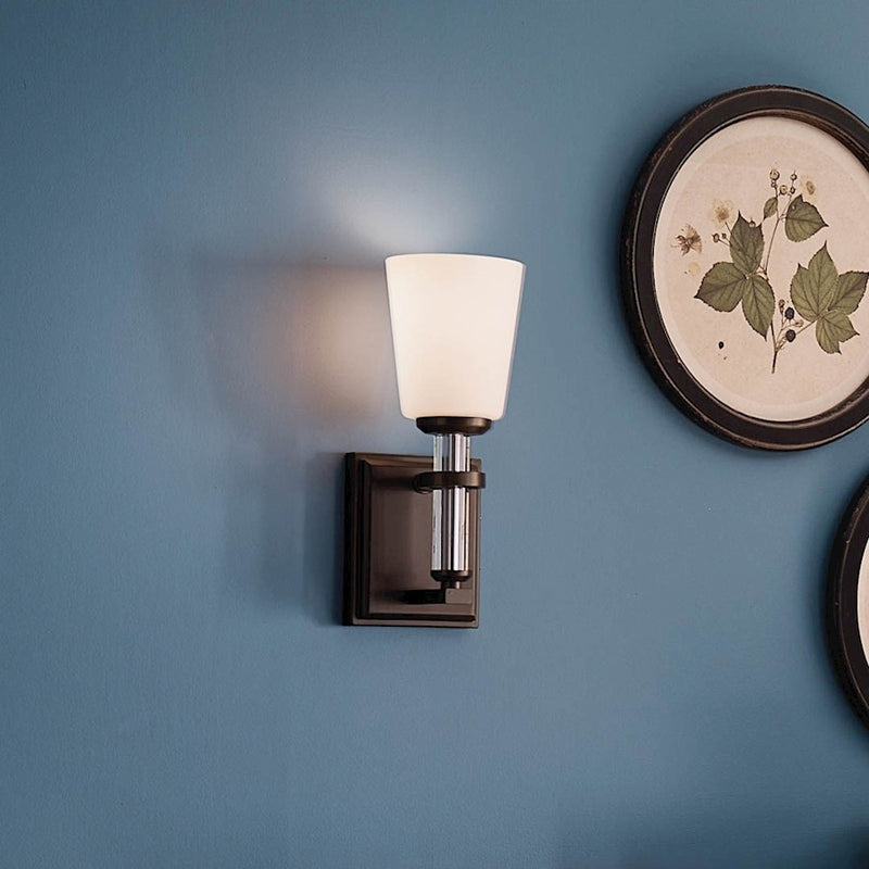 Kichler Rosalind 12in 1-Light Wall Sconce | Updated Traditional Polished Nickel and Satin Etched Cased Opal Glass | Bathroom & Powder | Model 55145PN