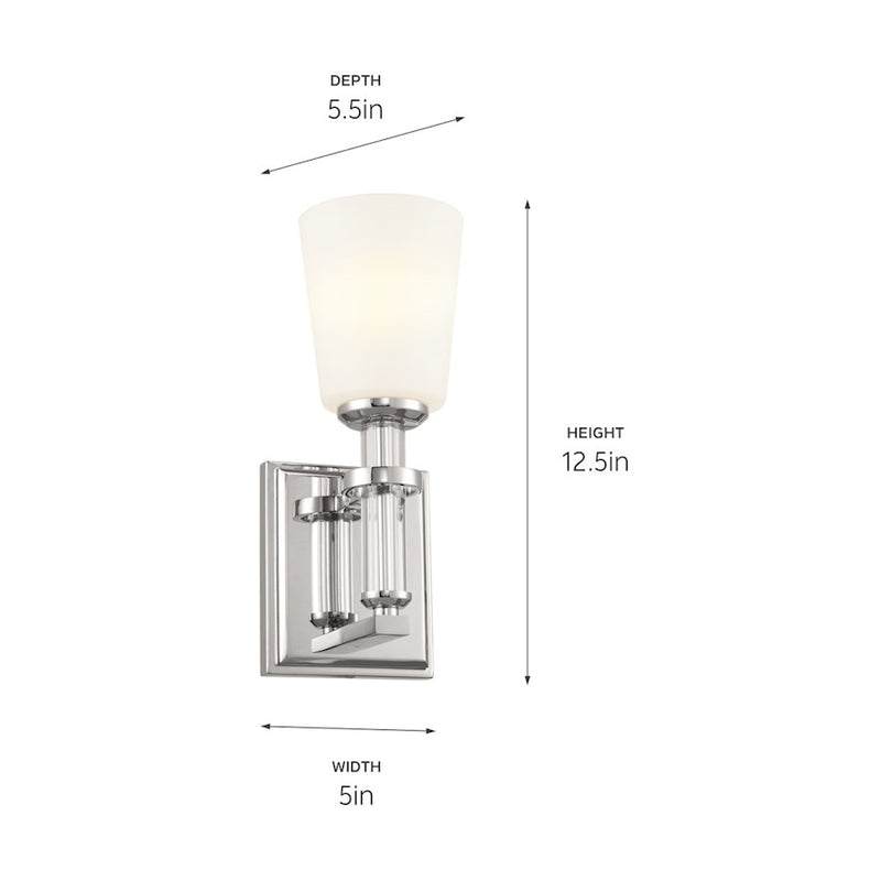 Kichler Rosalind 12in 1-Light Wall Sconce | Updated Traditional Polished Nickel and Satin Etched Cased Opal Glass | Bathroom & Powder | Model 55145PN