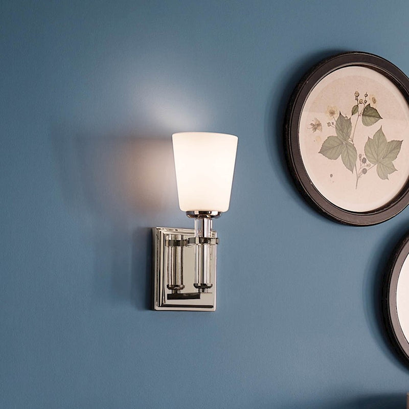 Kichler Rosalind 12in 1-Light Wall Sconce | Updated Traditional Polished Nickel and Satin Etched Cased Opal Glass | Bathroom & Powder | Model 55145PN