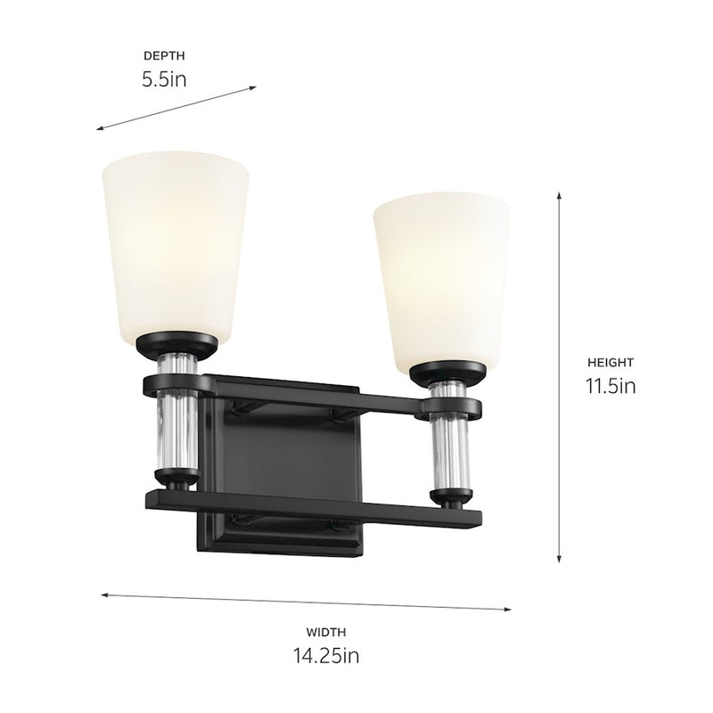 Kichler Rosalind 14.25in 2-Light Bath Vanity | Traditional Black Steel | Satin Etched Opal Glass | Bathroom Vanity Light | Damp Rated | Model 55146BK