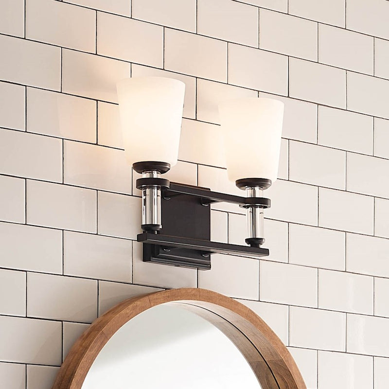Kichler Rosalind 14.25in 2-Light Bath Vanity | Traditional Black Steel | Satin Etched Opal Glass | Bathroom Vanity Light | Damp Rated | Model 55146BK