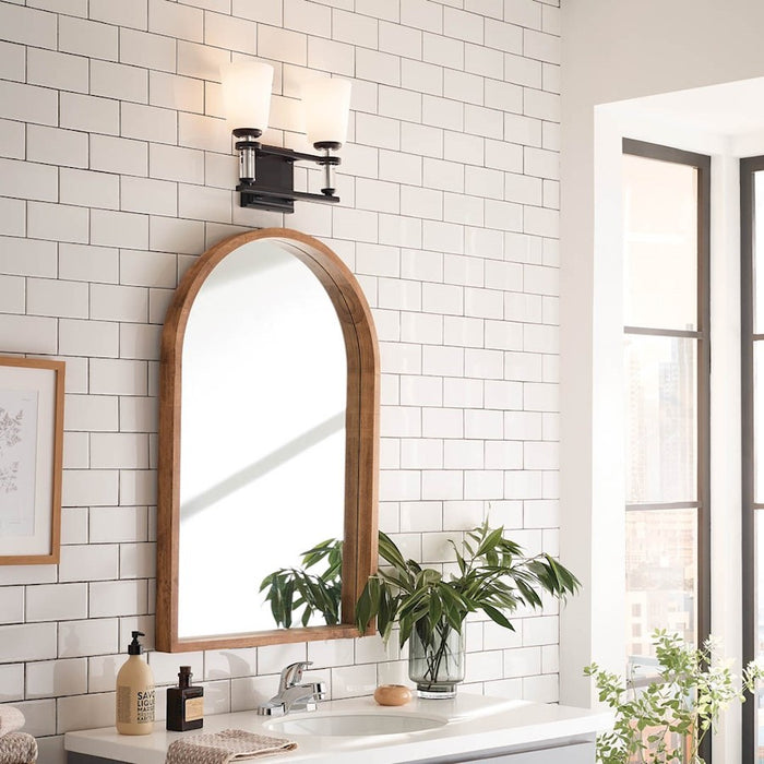Kichler Rosalind 14.25in 2-Light Bath Vanity | Traditional Black Steel | Satin Etched Opal Glass | Bathroom Vanity Light | Damp Rated | Model 55146BK