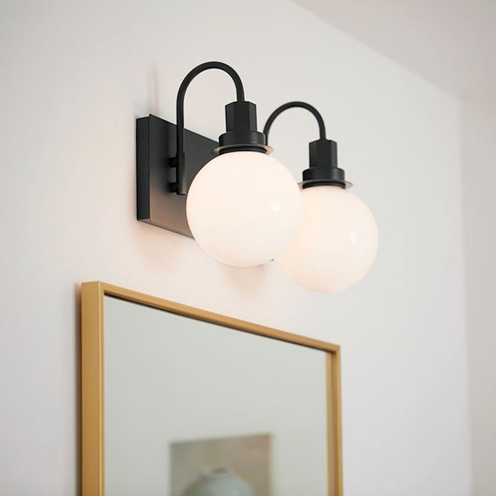 Kichler Hex 14in 2-Light Vanity | Soft Modern Black Steel & Opal Glass | Bathroom Vanity Light | 120V, 2 x 60W Candelabra, Dimmable | Model 55150BK
