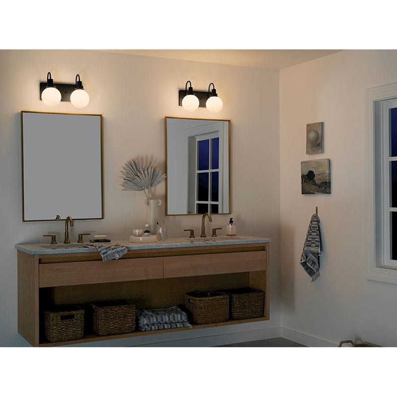 Kichler Hex 14in 2-Light Vanity | Soft Modern Black Steel & Opal Glass | Bathroom Vanity Light | 120V, 2 x 60W Candelabra, Dimmable | Model 55150BK
