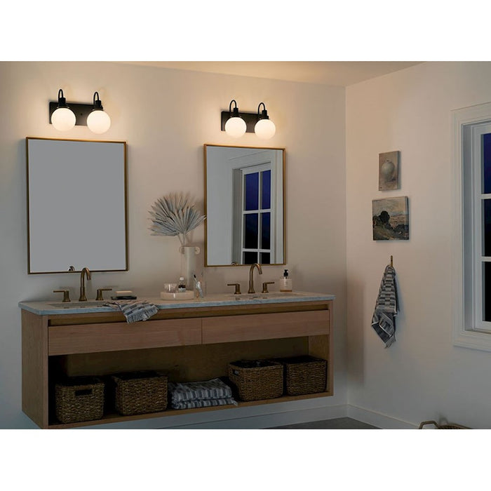 Kichler Hex 14in 2-Light Vanity | Soft Modern Black Steel & Opal Glass | Bathroom Vanity Light | 120V, 2 x 60W Candelabra, Dimmable | Model 55150BK