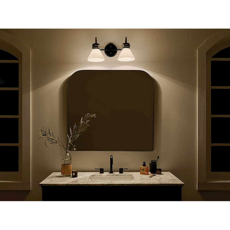 Kichler Farum 19.25in 2-Light Vanity Light | Soft Modern Champagne Bronze & Opal Glass | Bathroom Vanity Light | 60W, Dimmable, Damp | Model 55154CPZ