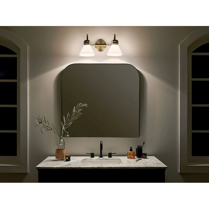 Kichler Farum 19.25in 2-Light Vanity Light | Soft Modern Champagne Bronze & Opal Glass | Bathroom Vanity Light | 60W, Dimmable, Damp Rated | Model 55154CPZ