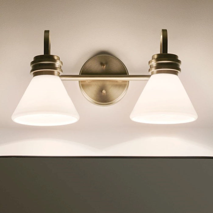 Kichler Farum 19.25in 2-Light Vanity Light | Soft Modern Champagne Bronze & Opal Glass | Bathroom Vanity Light | 60W, Dimmable, Damp Rated | Model 55154CPZ