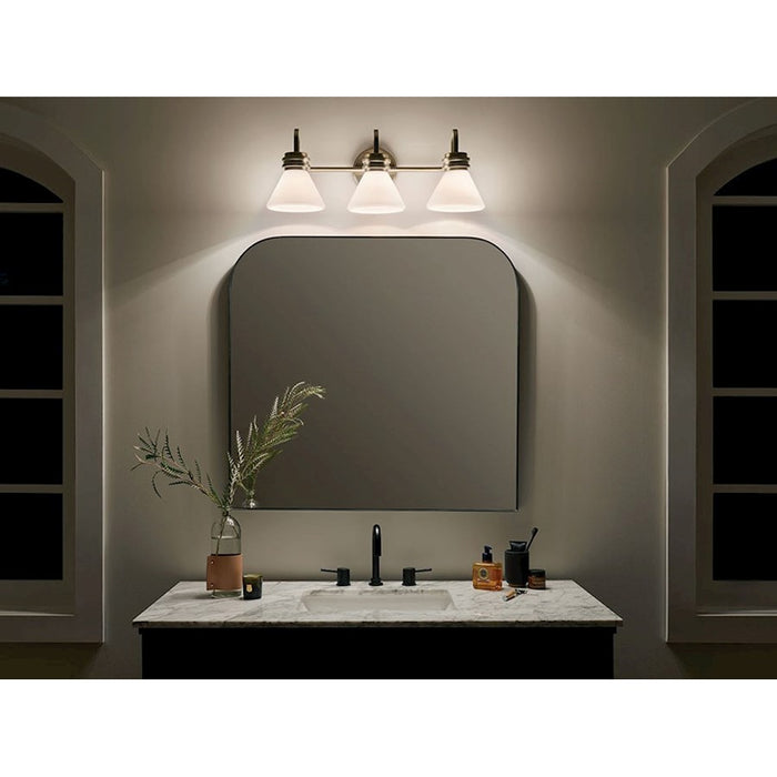 Kichler Farum 26in 3 Light Vanity Light | Black & Champagne Bronze Steel | Opal Glass | Bathroom Vanity Light | Dimmable, Damp Rated | Model 55155BK